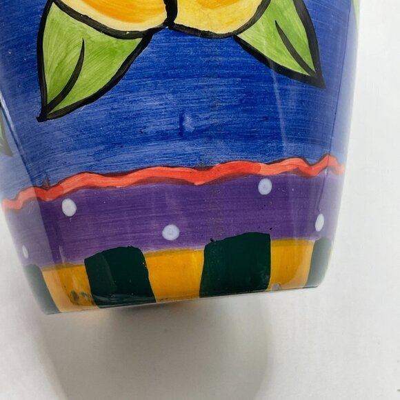 Milson & Louis Hand Painted Flower Vase Cobalt Blue Yellow Flowers Red Rim 6" - Picture 5 of 8